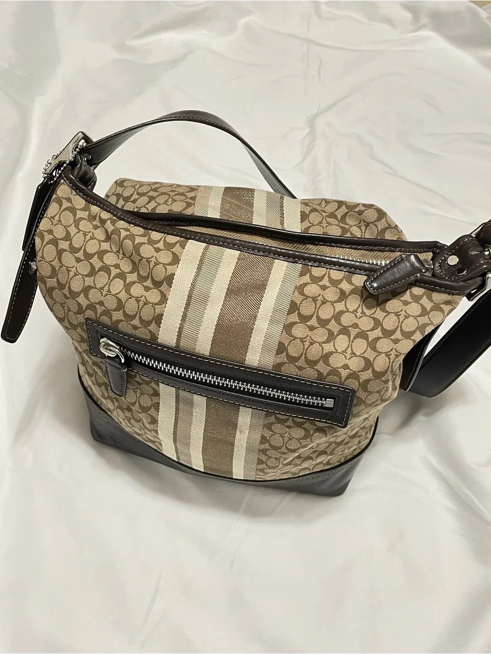 Coach Signature Stripe Canvas & Leather Hobo Shoulder Bag